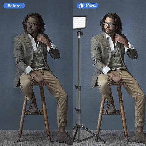 Comparison of lighting effect with Two Pack Dimmable USB LED Video Lights 5600K, showing before and after brightness adjustment.