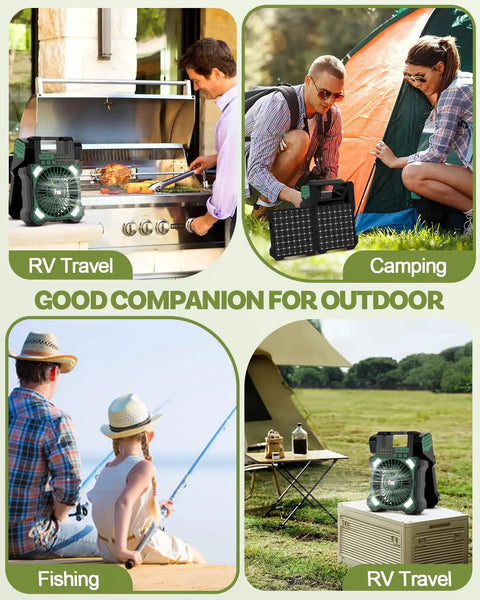 Dual Panel Solar Powered Fan With LED Light USB C Rechargeable 22000mAh Portable Camping Fan 5 Speed Ultra Quiet for outdoor use