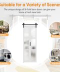 Kick Up Your Home Game With This Slick Bifold Barn Door 48 By 84 Inches Featuring Tempered Frosted Glass Panels Plus Complete Wall Track Hardware Kit That Glides Smooth And Folds Back Tight For Laundry Closets And Pantries in versatile settings like pantry, bedroom, laundry, and wardrobe.