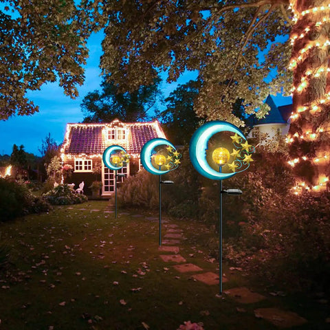 Stars Moon Solar Lights Outdoor Garden Decor Crackle Glass Globe Led Waterproof Landscape Lighting for Pathway Yard