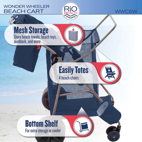 Wonder Wheeler Deluxe All Terrain Utility Cart For Lawn And Beach Folding Tote With 10 Inch Wheels, mesh storage, and shelf