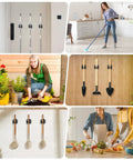 Heavy Duty Stainless Steel Broom And Mop Wall Mount Hanger, 4 piece set with screws visible, installed indoors and outdoors.