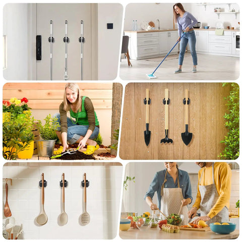 Heavy Duty Stainless Steel Broom And Mop Wall Mount Hanger, 4 piece set with screws visible, installed indoors and outdoors.