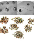 220 Piece Rivet Nut Assortment Kit With Mixed M3 To M12 Zinc Plated Rivet Nuts for metal panels and pipes displayed in piles