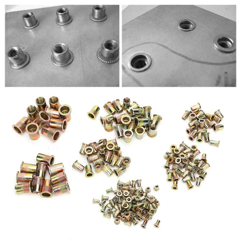 220 Piece Rivet Nut Assortment Kit With Mixed M3 To M12 Zinc Plated Rivet Nuts for metal panels and pipes displayed in piles