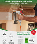 Heavy Duty 23 Gauge Pneumatic Pin Nailer Kit With 10000 Count Pins for precise trim work, showing its dimensions and features.