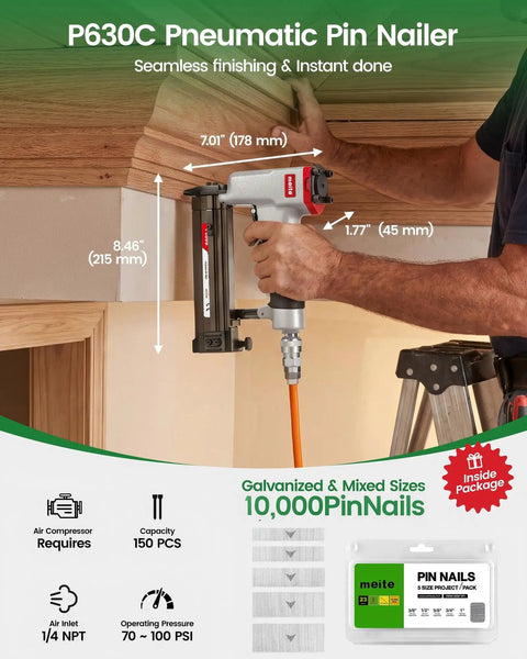 Heavy Duty 23 Gauge Pneumatic Pin Nailer Kit With 10000 Count Pins for precise trim work, showing its dimensions and features.