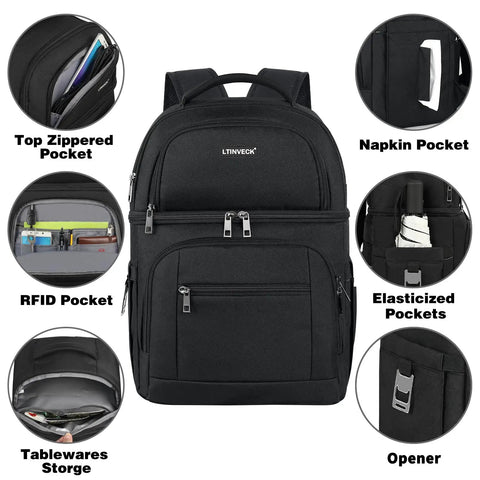 Black Insulated Cooler Backpack With Leakproof Dual Deck Design For Men And Women RFID Lunch Backpack with multiple pockets.