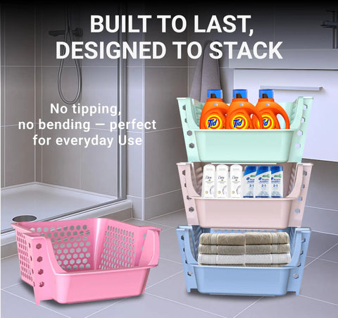 4 Pack Stackable Open Front Storage Bins For Pantry Organization And Kitchen Storage Durable Plastic Bins in bathroom with supplies