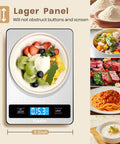 Ultra Precise Kitchen Scale With 11 Lb Capacity And 0.05 Oz Or 1 G Increments, Tare Function, LCD Backlit Display, Stainless Steel Platform, Four Sensor Technology For Baking, Cooking, Meal Prep, A Killer Gift For Home Cooks displaying fruit salad on scale