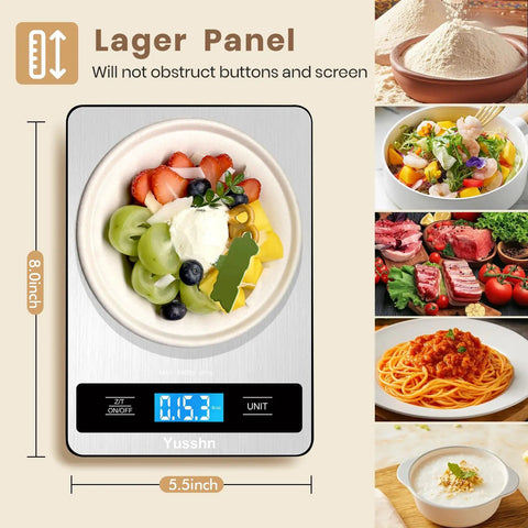Ultra Precise Kitchen Scale With 11 Lb Capacity And 0.05 Oz Or 1 G Increments, Tare Function, LCD Backlit Display, Stainless Steel Platform, Four Sensor Technology For Baking, Cooking, Meal Prep, A Killer Gift For Home Cooks displaying fruit salad on scale