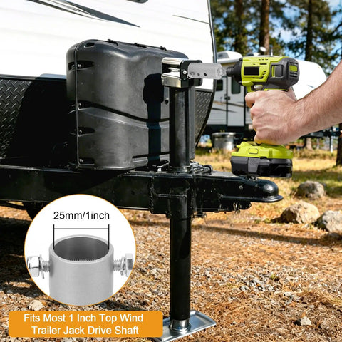 Trailer Drill Jack Adapter With 1 Inch Drive Shaft Impact Tool Adapter For Top Wind Jacks shown in use on a trailer jack.
