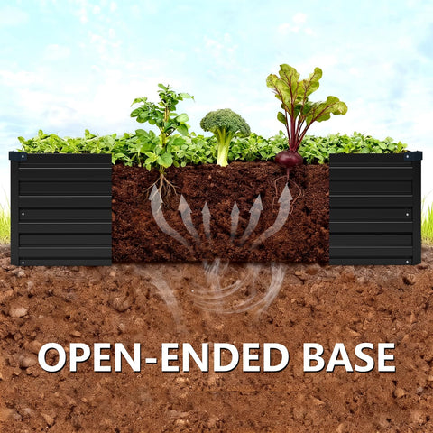 Illustration of Two Pack Galvanized Raised Garden Beds 108 Inch Long By 36 Inch Wide By 12 Inch High Outdoor Metal Planter Boxes with open-ended base showing vegetables and soil layers.