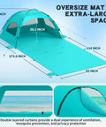 Family Size Beach Sun Shelter With 114 By 82 Inch Extended Mat For 3 To 6 People, UPF 50 Plus UV Protection, canopy design aqua