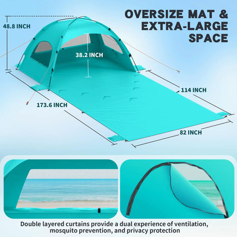 Family Size Beach Sun Shelter With 114 By 82 Inch Extended Mat For 3 To 6 People, UPF 50 Plus UV Protection, canopy design aqua