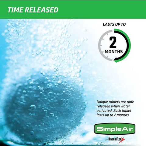 Drain Line Clean Flow Tabs dissolving in water for AC units and HVAC systems, time-release lasts up to 2 months.