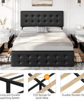 Absolute Game Changer Queen Size Platform Bed Frame With Durable Faux Leather Headboard And Four Smooth Roll Out Storage Drawers For Effortless Room Makeovers In Matte Black with pulled-out drawers and upholstered headboard.