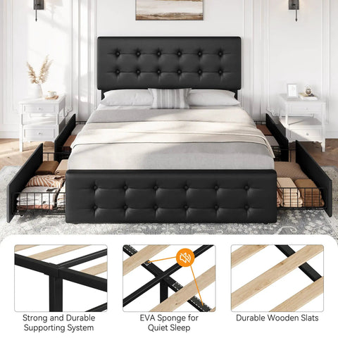 Absolute Game Changer Queen Size Platform Bed Frame With Durable Faux Leather Headboard And Four Smooth Roll Out Storage Drawers For Effortless Room Makeovers In Matte Black with pulled-out drawers and upholstered headboard.