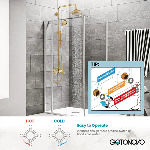Polished Gold Exposed Shower Faucet System with 8 Inch Rainfall Shower Head and Handheld Spray Wall Mount Fixture Two Function Diverter