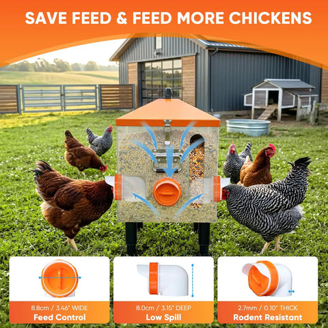Total Game Changer 55 Pound Automatic Chicken Feeder With Eight Deep Ports And A Quick Peek Window visible with chickens feeding.