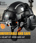 Hard Hat For Construction With Clear And Tinted Visors And Built In Earmuffs Hearing Protection Matte Black Industrial Safety Helmet Featuring 6 Point Suspension Worksite Ready All Day Comfort And Fully Adjustable Fit For Engineers And Builders, front view