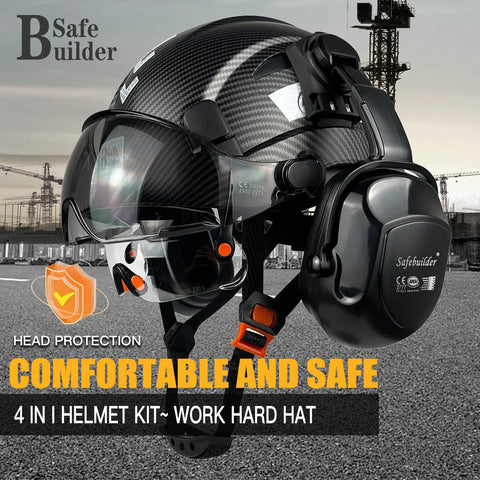 Hard Hat For Construction With Clear And Tinted Visors And Built In Earmuffs Hearing Protection Matte Black Industrial Safety Helmet Featuring 6 Point Suspension Worksite Ready All Day Comfort And Fully Adjustable Fit For Engineers And Builders, front view