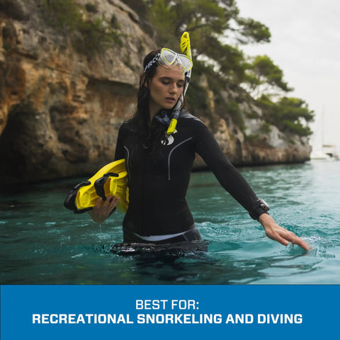 Person holding Spectra Dry Snorkel With Purge Valve And Quick Connect Clip Dry Top Design Keeps Water Out, in natural setting