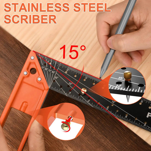 Top Shelf 16 Inch Woodworking Square Ruler Featuring Dead On Sixteenth Inch Markings And Retractable Edge Support For Flawless Right Angle Layouts No Stress Carpentry Projects Boss Grade Tool on wood surface with 15 degree angle.