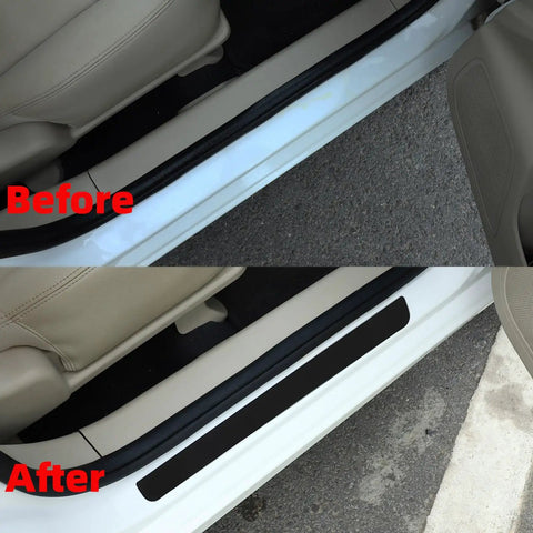 Badass Level Stainless Steel Door Sill Scuff Plate Guards For Rivian R1S R1T R2 shown in before and after installation comparison.