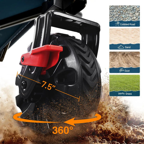 Close-up of 7.5-inch wheel with brake on Beast Of A Heavy Duty Collapsible Wagon With Brakes For All Terrain Use, showcasing versatility.