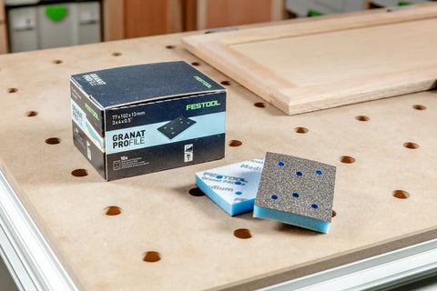 Granat Profile Sanding Sheets 3x4 Inch 80x133 Millimeter Set, 10 Pack, foam-backed sheets on workbench