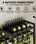 Power Tool Organizer Cart With Charging Station For 8 Drills Heavy Duty Standing Garage Storage Rack Utility Tool Shelf With Side Pockets Black Finish showing 8-outlet power strip.