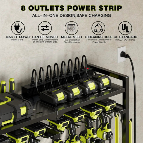 Power Tool Organizer Cart With Charging Station For 8 Drills Heavy Duty Standing Garage Storage Rack Utility Tool Shelf With Side Pockets Black Finish showing 8-outlet power strip.