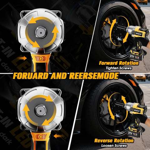 Daily Driver Half Inch Cordless Impact Wrench Kicks Loose Rusted Bolts Using A Smooth Brushless Motor Producing Nine Hundred Fifty Eight Foot Pounds Of Torque Includes Dual Heavy Duty Batteries And Fast Charger For Home Builds showing forward and reverse rotation modes.