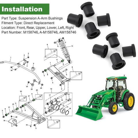 Heavy Duty Eight Piece Suspension Control Arm Bushing Kit Built Different For Smooth John Deere Gator Xuv 625i 825i 855d Cruising With Quick Fit M158746 Drop In Swap Out with installation diagram.
