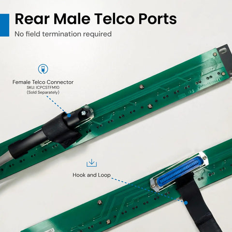 Rear view of Beefy 24 Port Voice Patch Panel For Business Phone Systems Featuring 6P2C Male Jacks and Telco ports with hook and loop.