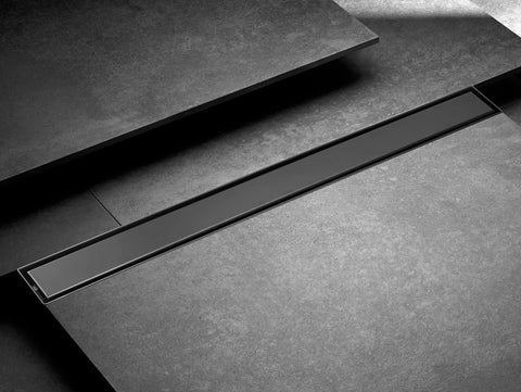 36 Inch Stainless Steel Linear Shower Drain With Tile Insert Tray And Flat Cover in matte black finish