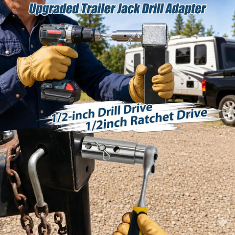 Heavy Duty Trailer Jack Drill Adapter For One Inch Shaft Shanks Premium Stainless Steel Build shown in use with a cordless drill and ratchet.
