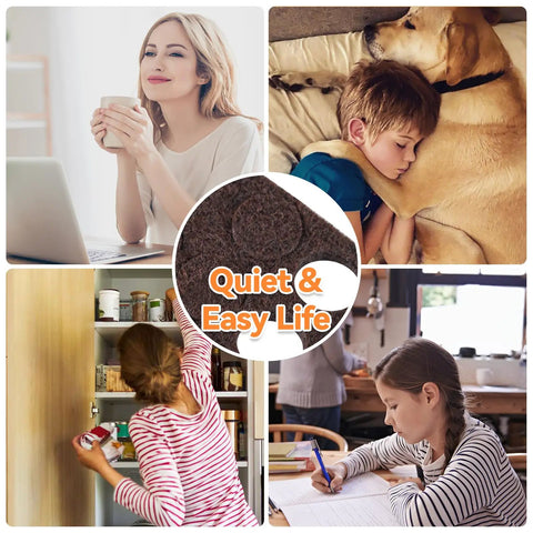 Image collage with small cabinet door pads, family activities, and 'Quiet & Easy Life' text highlight