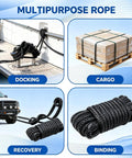 Multipurpose rope uses: boat docking, cargo securing, recovery, and binding with Four Pack Boat Dock Lines 3/8 Inch By 15 Feet Nylon Double Braided Rope With 12 Inch Loop Heavy Duty Ready To Use Spliced Ends Marine Grade Docking Ropes For Boats Black.