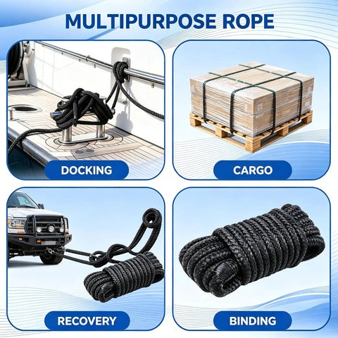 Multipurpose rope uses: boat docking, cargo securing, recovery, and binding with Four Pack Boat Dock Lines 3/8 Inch By 15 Feet Nylon Double Braided Rope With 12 Inch Loop Heavy Duty Ready To Use Spliced Ends Marine Grade Docking Ropes For Boats Black.