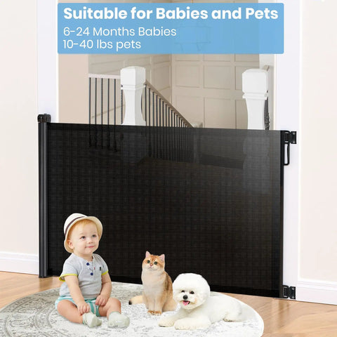 Extra Wide Retractable Baby Gate 33 Inch Tall Extends To 72 Inches Mesh Gate For Kids And Pets With Alarm in doorway with toddler and pets.