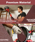 Man using a drywall sander with 25-Piece 9-Inch Mesh Sanding Discs Set With 60 80 120 180 240 Grits, dust extraction visible.