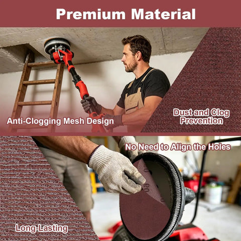 Man using a drywall sander with 25-Piece 9-Inch Mesh Sanding Discs Set With 60 80 120 180 240 Grits, dust extraction visible.