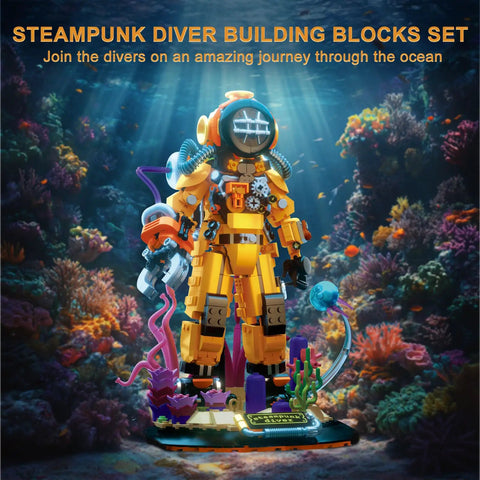 Steampunk Diver Building Set For Adults With 1287 Pieces, Deep Sea Explorer Robot Model in underwater scene