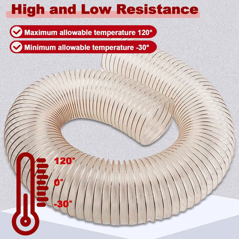 Flexible Dust Collection Hose 45mm One Point Eight Inch Clear Extraction Pipe for woodworking and power tools with temperature ratings.