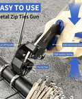 Heavy Duty Metal Zip Tie Gun Kit With Built In Cutter Stainless Steel Self Locking Zip Ties shown clamping cables
