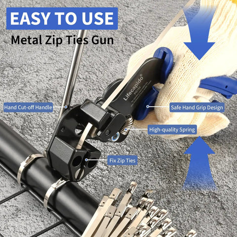Heavy Duty Metal Zip Tie Gun Kit With Built In Cutter Stainless Steel Self Locking Zip Ties shown clamping cables