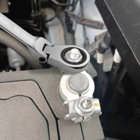 Extra Long Flex Head Ratcheting Wrench Set, 6 Piece Double Box End Long Reach Metric 8 19mm in use on car battery bolt