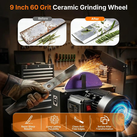 Badass Bench Mower Blade Sharpener With Slick Ceramic Grinding Wheel And Rock Solid 750 Watt Motor For High Low Lift Flat And Gator Blades, showing before and after blade transformation.